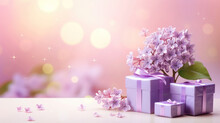 Gift Box With Lilac Flowers On Pink Table And Bokeh Background