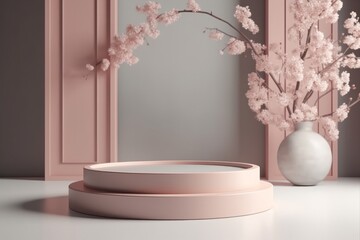 Wall Mural - 3d render of minimal product display podium with cherry blossom background