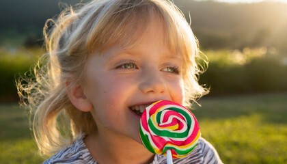 Wall Mural - Cute Girl Enjoying a Colorful Lollipop Outdoors