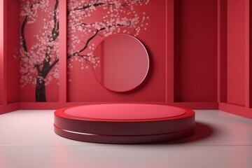 Wall Mural - 3d render, abstract minimal geometric forms. glossy red podium for product presentation, mock up