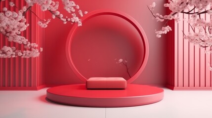 Wall Mural - 3d rendering of minimal product display podium with cherry blossom background.