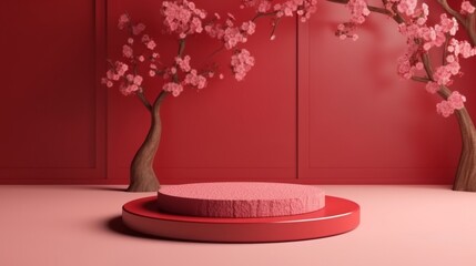 Wall Mural - 3d rendering of minimal product display podium with cherry blossom background.