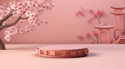 Wall Mural - 3d rendering of podium for product display with cherry blossom background.