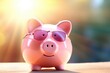 Kids pink piggy bank moneybox with nice sunlight, savings for future. Generative Ai.