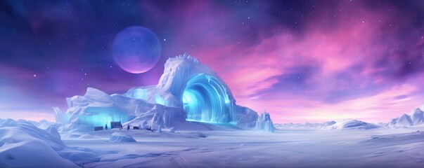 Wall Mural - Igloo ice hotel with aurora borealis during magic winter, panorama. Generative Ai.