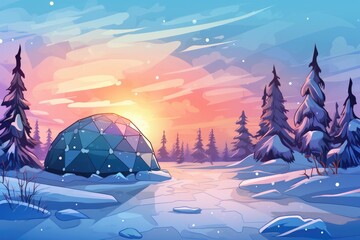 Wall Mural - Igloo ice hotel on a snowy plain with sunset during magic winter night. Generative Ai.