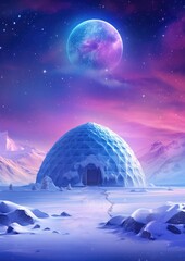 Wall Mural - Igloo ice hotel on a snowy plain with sunset during magic winter night. Generative Ai.