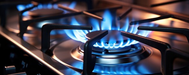 Wall Mural - Detail view on kitchen gas cooker with blue flame on while cooking, banner panorama. Generative Ai.