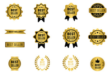 Set of best seller golden label badges, best seller gold banner emblem