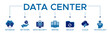 Data center banner web icon vector illustration concept with icon and symbol of database network data security server backup cloud and technology.