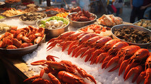 A Bustling Open-air Seafood Market With Fresh Fish Crabs And Lobsters On Display.