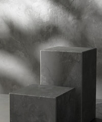 Two modern black cuboid stone rock podium, geometric pedestal on gray counter. Luxury cosmetic, skincare, beauty, body, hair care, treatment, fashion product display background 3D