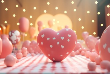 Wall Mural - gift box with ribbon, red hearts, light dust, and valentine ribbon on a pastel background, in the style of luxury valentine