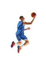 Wall Mural - Slum dunk. Full-length image of young guy, basketball player in motion, jumping with ball isolated over white background. Concept of sport, competition, match, championship, health, action. Ad