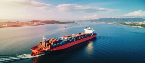 A cargo ship from aerial view taken by Drone Cargo ship is a ship or vessel that carries cargo goods and materials from one port to another. Copy space image. Place for adding text