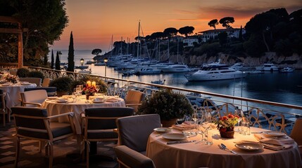 Wall Mural - terrasse de restaurant gastronomique dans un port de plaisance au bord de l'eau le soir avant le début du service