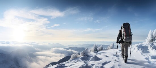 Wall Mural - A lone hiker in warm clothes in the cold winter walks on the frozen mountain on sunny day with clear blue sky and strong wind sun behind the hiker Czech republic Krkonose. Copy space image