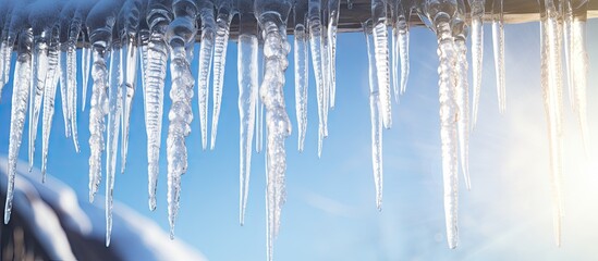 Sticker - Close up icicles hanging from the waves of the roof. Copy space image. Place for adding text