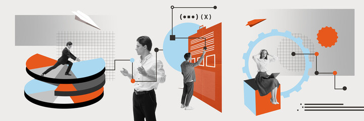 E-commerce. Young people working with analysis, graphs and researches. working with successful project promotion. Contemporary art collage. Concept of business, office, promotion, success, ambitions