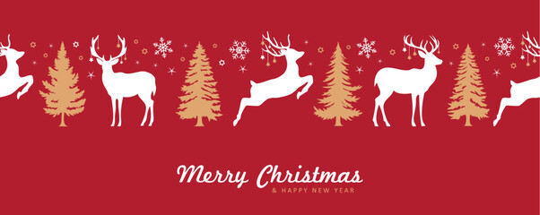 Wall Mural - christmas greeting banner with deer and fir tree decoration seamless vector illustration