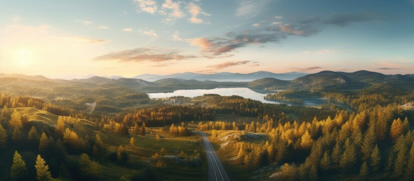 Aerial view of mountain road in forest at sunset in autumn Top view from drone of road in woods Beautiful landscape with roadway in hills pine trees green meadows golden sunlight in fall Travel