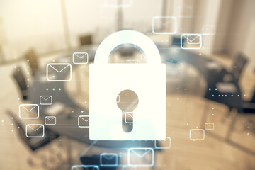 Abstract virtual lock illustration with postal envelopes on a modern coworking room background, cyber security and email protection concept. Multiexposure