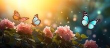 Colorful Butterflies Floating On Red Misty Yellow Flowers Look Very Beautiful Green Nature Around Open Sky Shining Sun Around. Copy Space Image. Place For Adding Text