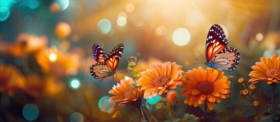 Colorful butterflies floating on red misty yellow flowers look very beautiful green nature around open sky shining sun around. Copy space image. Place for adding text