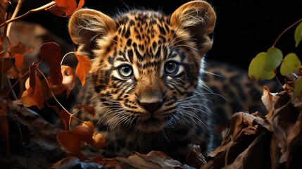 Wall Mural - baby leopard cub hidding in the forest
