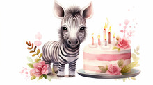 Birthday Stripes: Watercolor Rendering Of A Cute Zebra Celebrating With Cake On Transparent Background