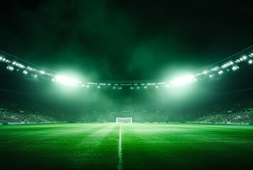 Soccer field green grass background, spotlights shining. For art texture, presentation design or web design and web background.