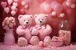 Teddy bears on a romantic pink background with roses, balloons, sweets and a heart, a cute Valentine's day illustration.