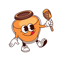 Wall Mural - Groovy honey bee pot cartoon character with dipper. Funny honeybee glass jar with lid, sticking tongue walking, retro cartoon honey bottle mascot holding spoon, sticker of 70s 80s vector illustration