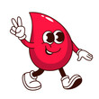 Groovy blood drop cartoon character with V fingers. Funny healthy red droplet walking with peace and love sign to donate blood, retro cartoon donation mascot, sticker of 70s 80s vector illustration
