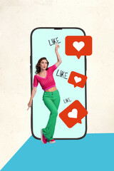 Poster - Vertical creative collage picture lovely enjoy chill young woman dance club miniature feedback heart gigantic smartphone colorful