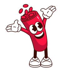 Sticker - Groovy artery with blood cells cartoon character. Funny blood vessel with hands up and happy expression, retro human cardiovascular system cartoon mascot, sticker of 70s 80s vector illustration