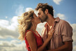 © Degimages - A man and a woman kissing each other on sky background.