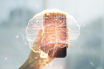 Wall Mural - double exposure of creative human brain microcircuit and hand with cellphone on background. future t