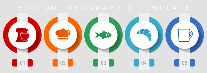 Leinwandbilder - Cooking flat design icon set, miscellaneous icons such as mixer, chef hat, fish, cake and cup, vector infographic template, web buttons collection