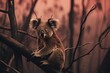 A koala perched on a tree branch amidst a dense forest, with the unfortunate occurrence of a forest fire in the vicinity