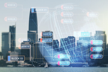 Wall Mural - multi exposure of abstract graphic coding sketch and world map on san francisco cityscape background