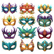 Collection of painted carnival facial masks for a party decorated with feathers and rhinestones isolated on a transparent background