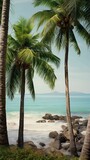 Fototapeta Sypialnia - Tropical Paradise: Palm Trees Overlooking a Turquoise Sea with Gentle Waves
