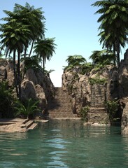 Wall Mural - Flooded Ruins of the sacred stone temple with green vegetation and palms against blue sky. Beautiful natural wallpaper. 3D illustration.