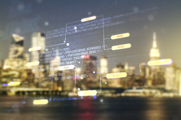 Wall Mural - abstract virtual coding illustration on blurry skyscrapers background, software development concept.