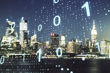 Wall Mural - Double exposure of abstract virtual binary code hologram on New York city skyscrapers background. Database and programming concept