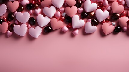 Wall Mural - Hearts on pink background flat lay Valentine's Day. Valentine's Day top view flat lay background full of pink hearts. Love background. Love