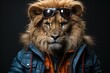  a lion wearing sunglasses and a jacket with a hoodie on it's head and a jacket with a hood on it's back.