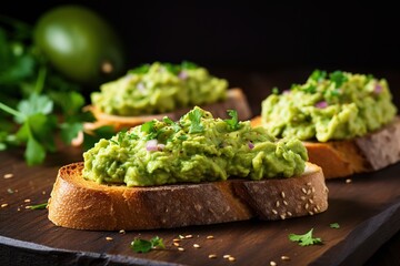 Wall Mural - Toasts bread with guacamole on wooden board