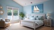 A coastal-themed bedroom with powder blue walls, white furniture, and nautical decor